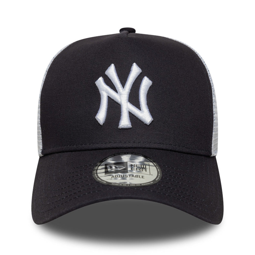 new era new york yankees multi patch navy white 9forty e frame trucker cap logo and print