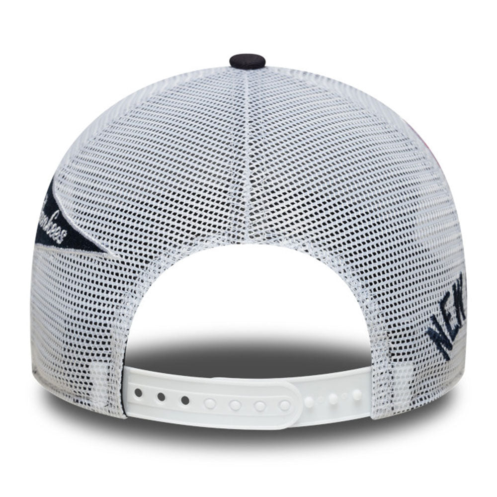 new era new york yankees multi patch navy white 9forty e frame trucker cap detail and color
