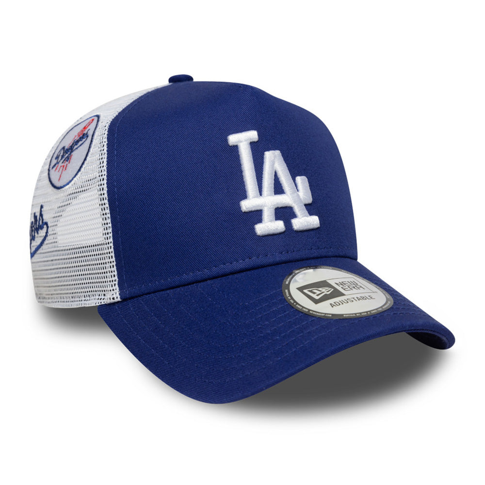 new era los angeles dodgers multi patch dark royal white 9forty e frame trucker cap opposite side or other angle view