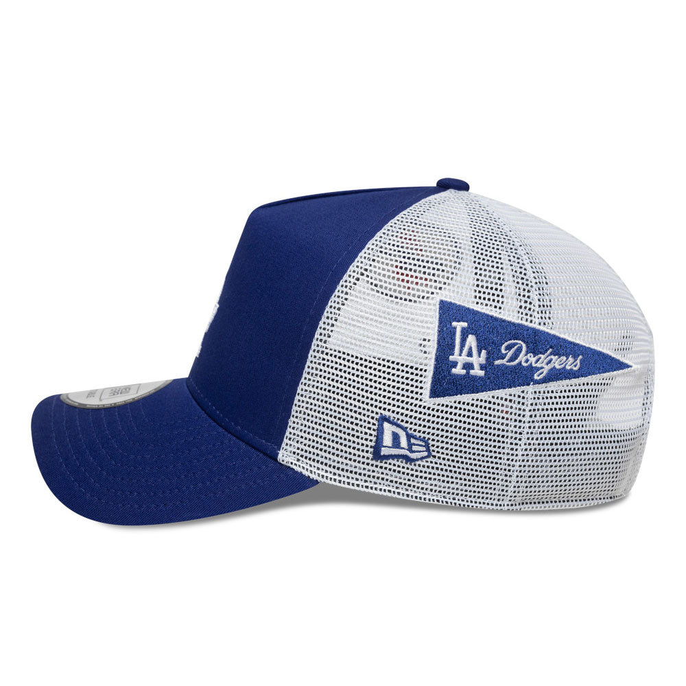new era los angeles dodgers multi patch dark royal white 9forty e frame trucker cap angle