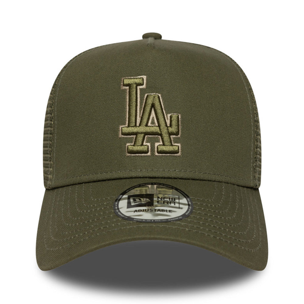 new era los angeles dodgers team outline new olive 9forty e frame trucker adjustable cap logo and print