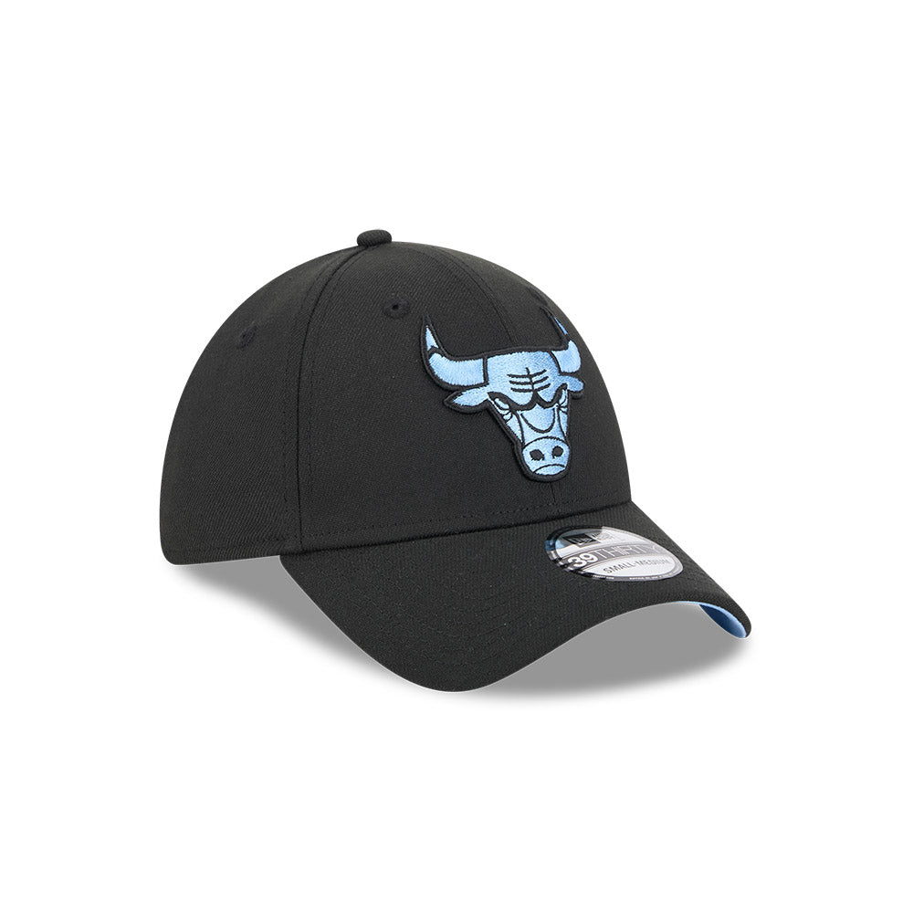 Black cap with a blue logo on a white background