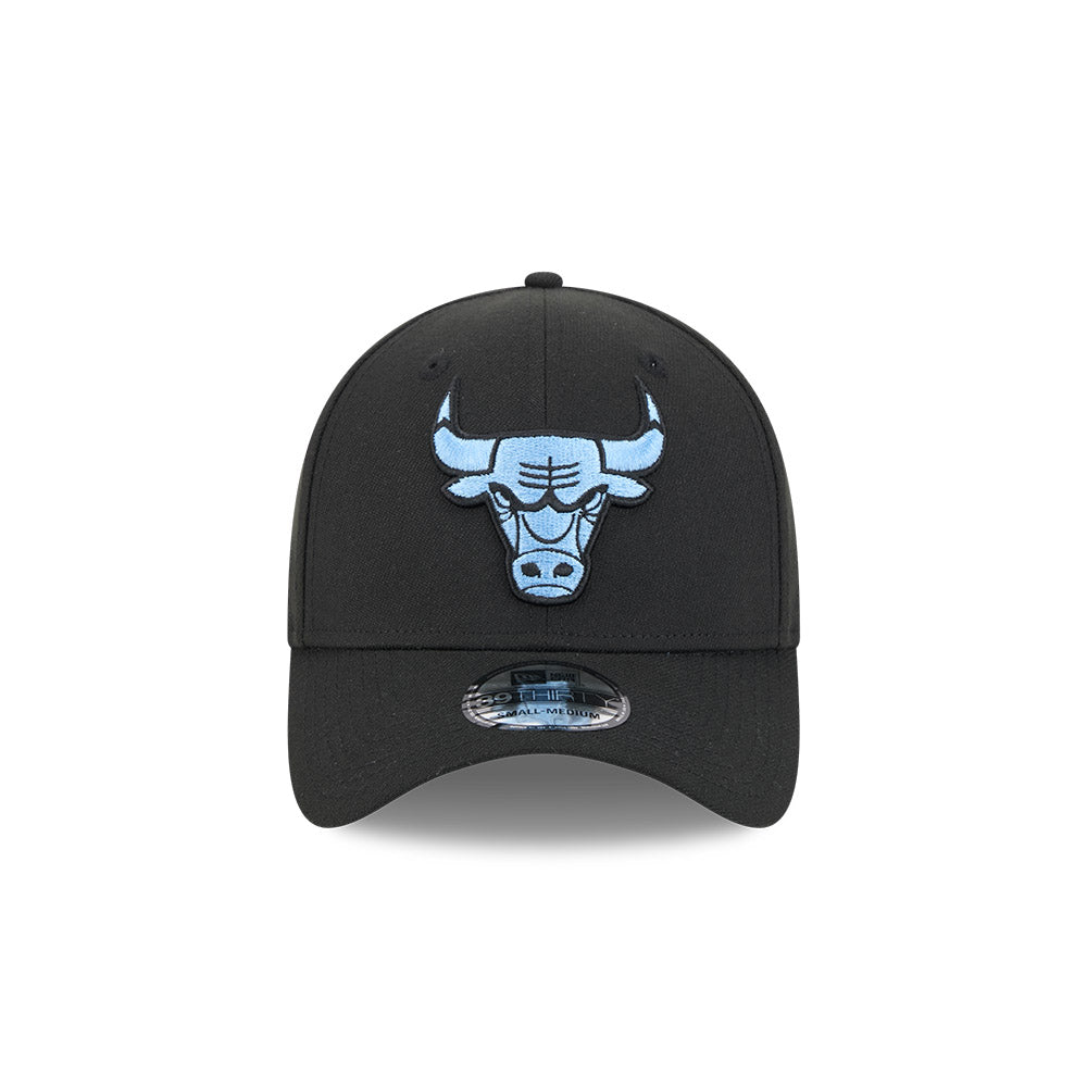 Black cap with a blue logo on a white background