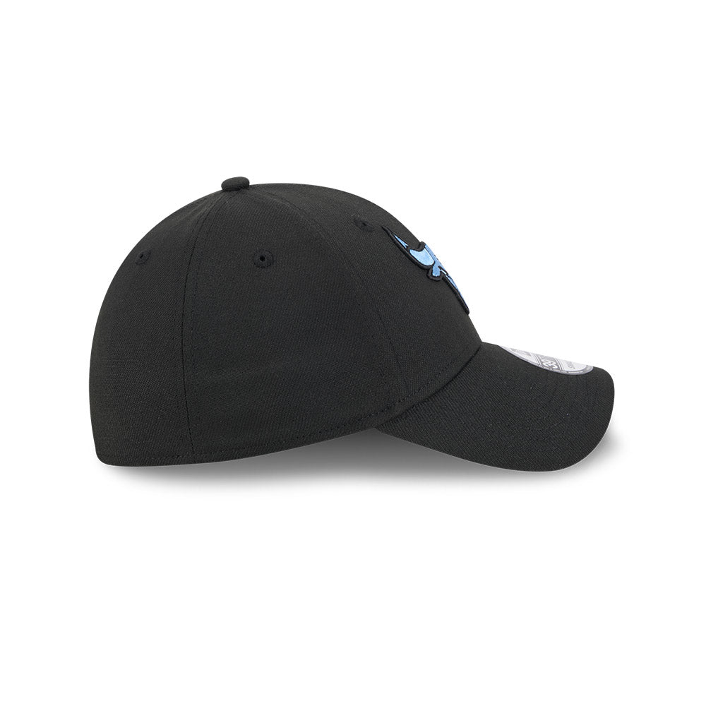 Black cap with a brand logo on the side against a white background