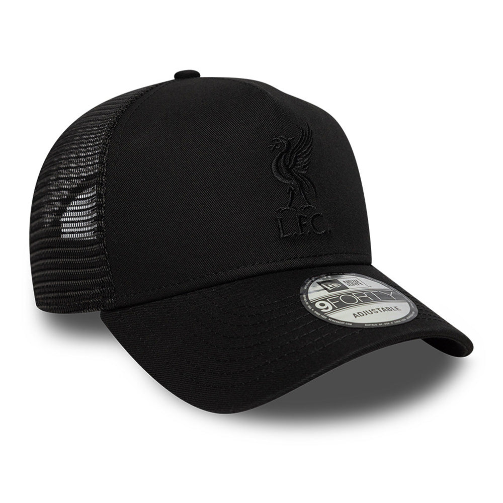 liverpool football club black core 9forty trucker snapback cap logo and print