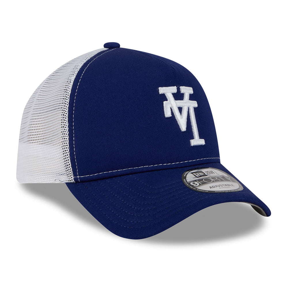 new era los angeles dodgers upside down dark royal 9forty a frame trucker cap logo and print