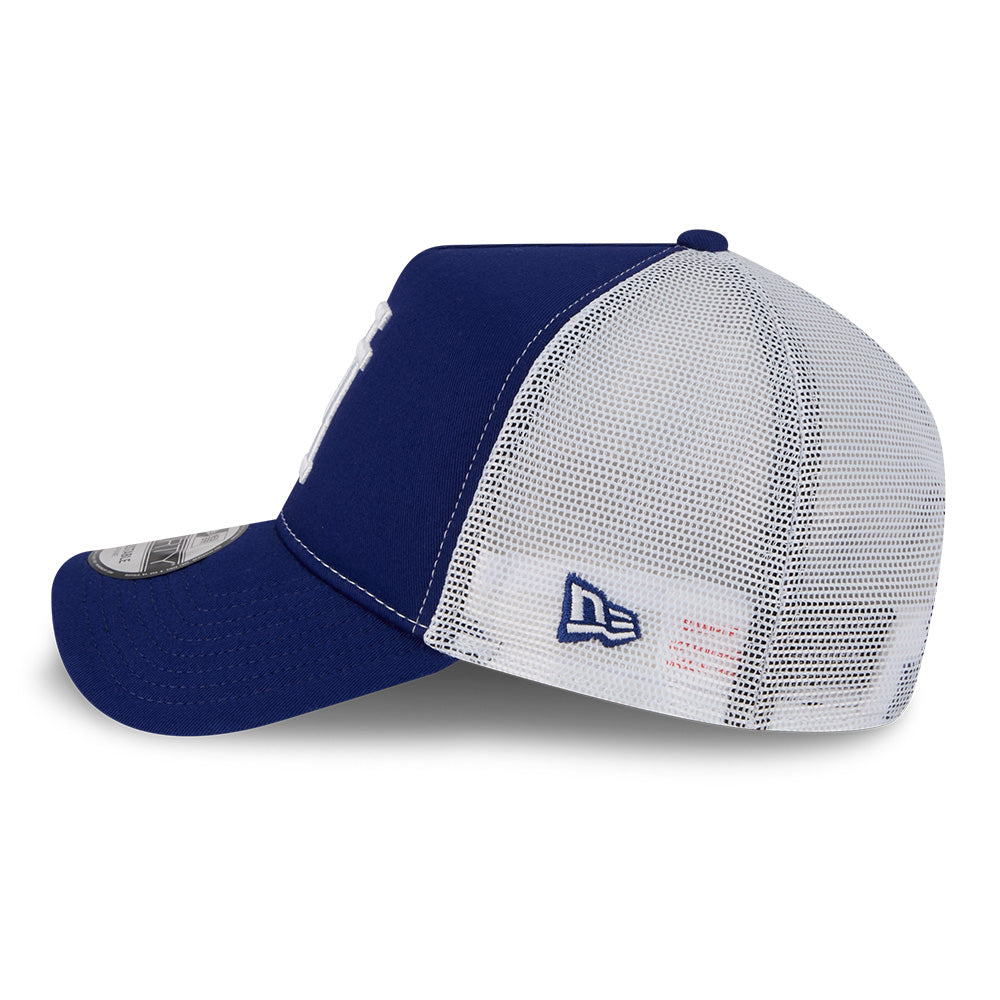 new era los angeles dodgers upside down dark royal 9forty a frame trucker cap opposite side or other angle view