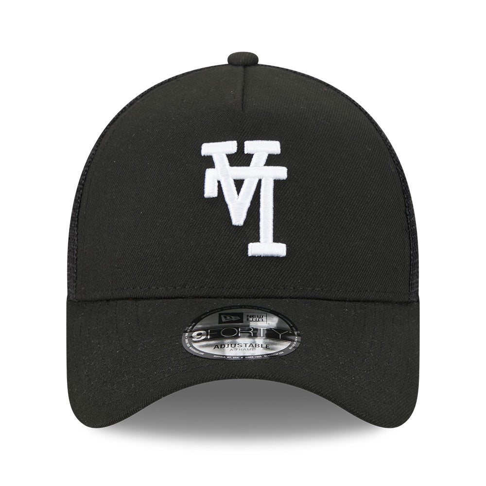 new era los angeles dodgers upside down black 9forty a frame trucker cap logo and print