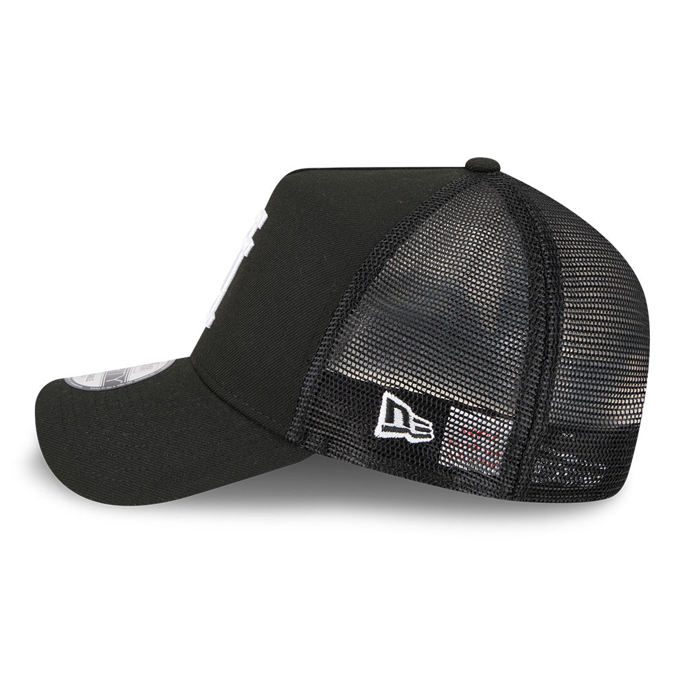 new era los angeles dodgers upside down black 9forty a frame trucker cap opposite side or other angle view
