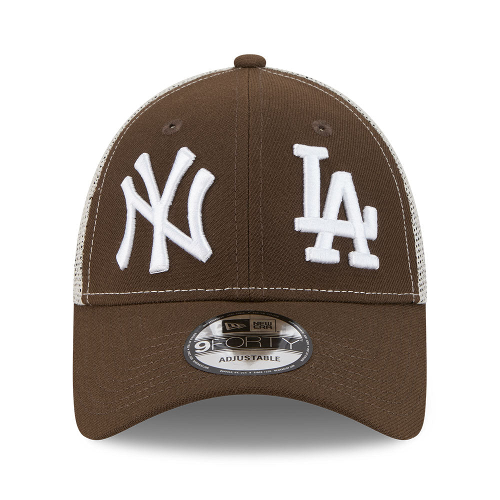 new era new york yankees los angeles dodgers two team walnut stone 9forty e frame trucker cap logo and print