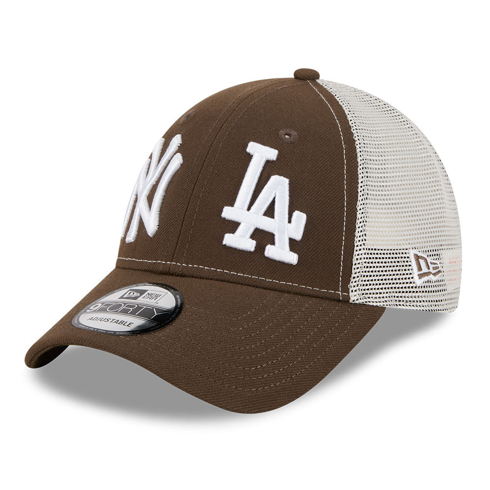 new era new york yankees los angeles dodgers two team walnut stone 9forty e frame trucker cap side