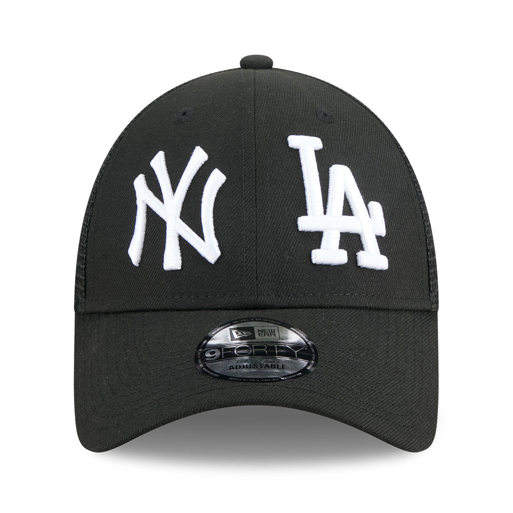 new era new york yankees los angeles dodgers two team black 9forty e frame trucker cap logo and print