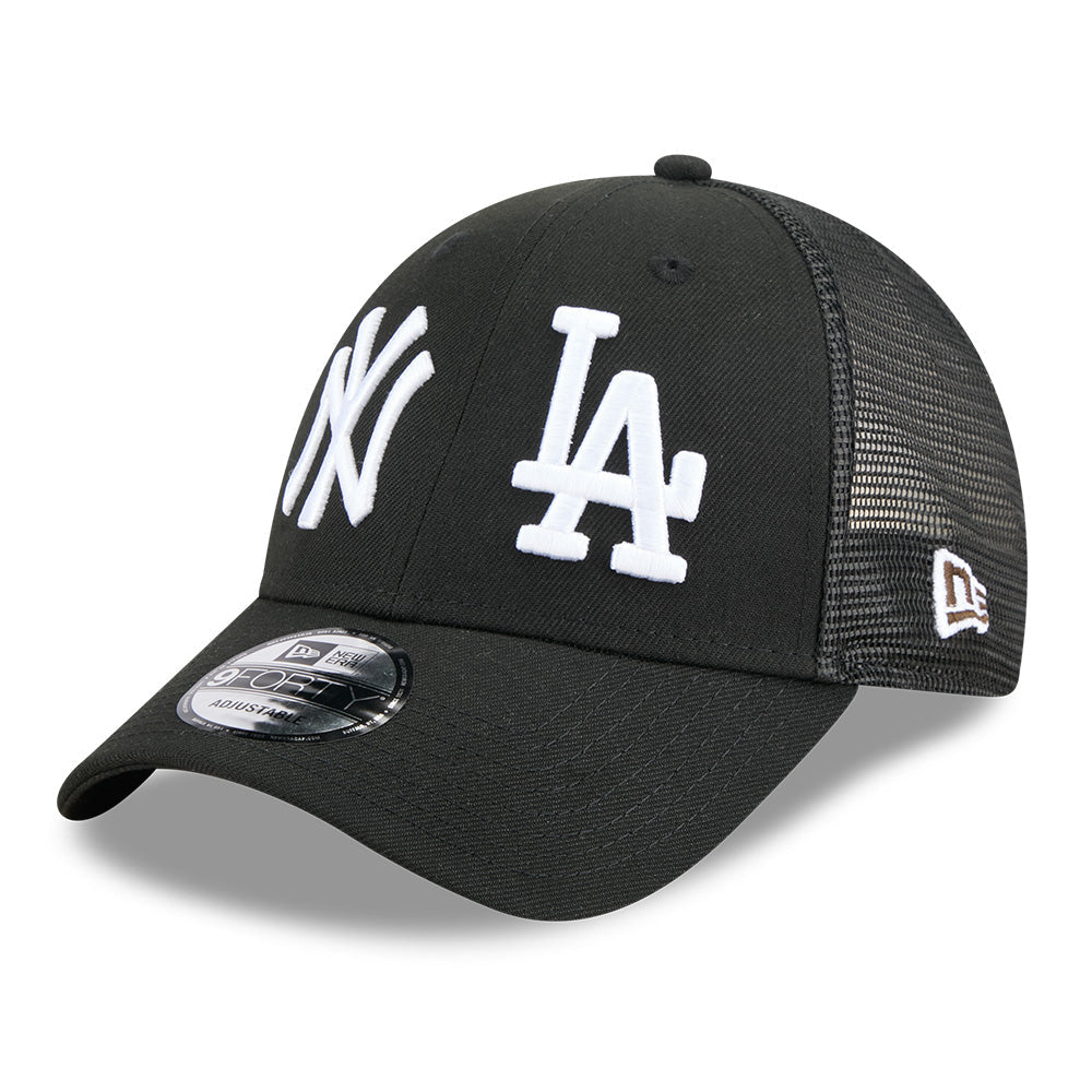 new era new york yankees los angeles dodgers two team black 9forty e frame trucker cap side