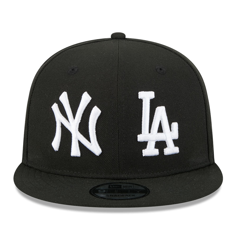 new era new york yankees los angeles dodgers two team black 9fifty snapback cap logo and print