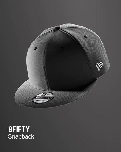 Black snapback cap with New Era logo on a gray background
