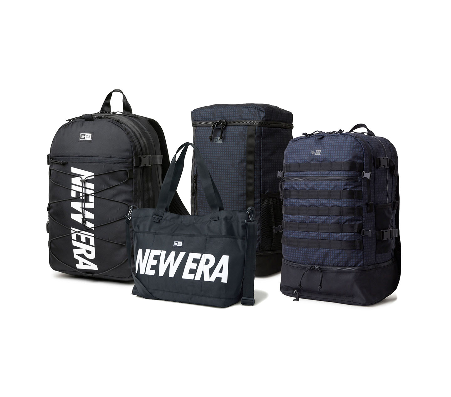 Four black backpacks with 'New Era' branding on a white background