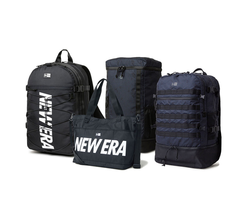 Four black backpacks with 'New Era' branding on a white background